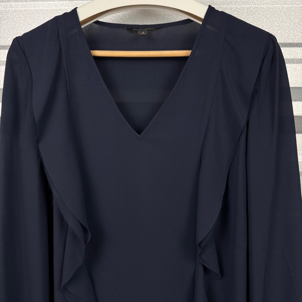 Banana Republic Navy Blue Chiffon Ruffle Front V-Neck Long Sleeve Blouse Size S - Picture 1 of 12